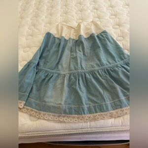 Antique hand embroidered Blue flannel Women's underskirt. Hand crocheted lace.
